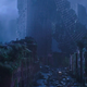An image of one nearly-collapsed skyscraper leaning against another from HBO's The Last of Us.